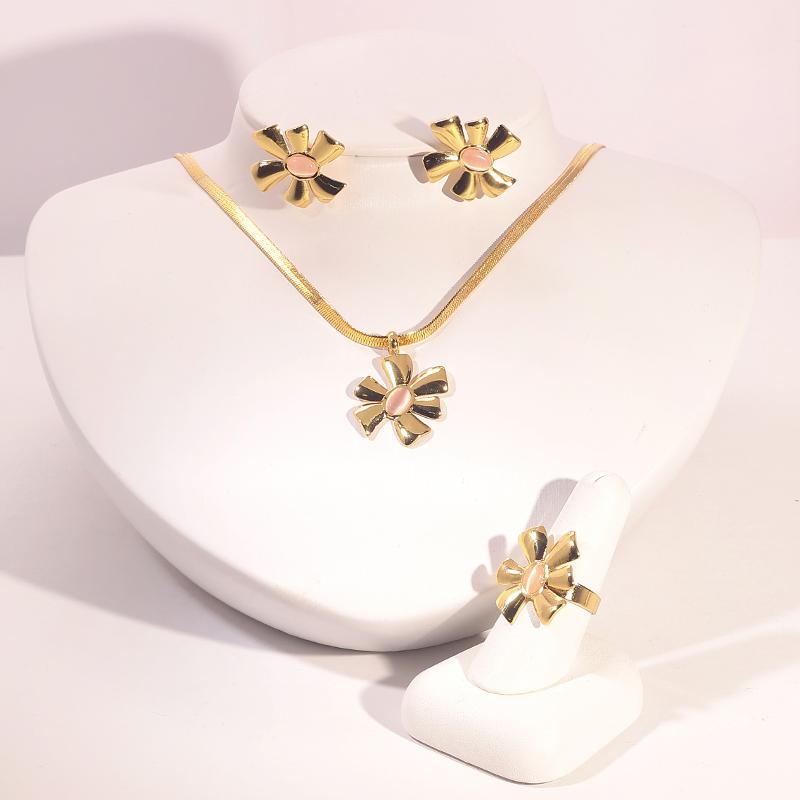 Stainless Steel Gold Flower Set Women 4pcs Necklace Earrings Bracelet Ring Cubic Zirconia Luxury Wedding Party Anniversary Gift