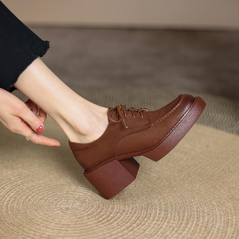 Vintage Echtleder Plateau Schuhe für Damen Mode 2024 Frühling/Herbst Neu Klobige Absätze Pumps Nachtclub Basic Schuhe Frau