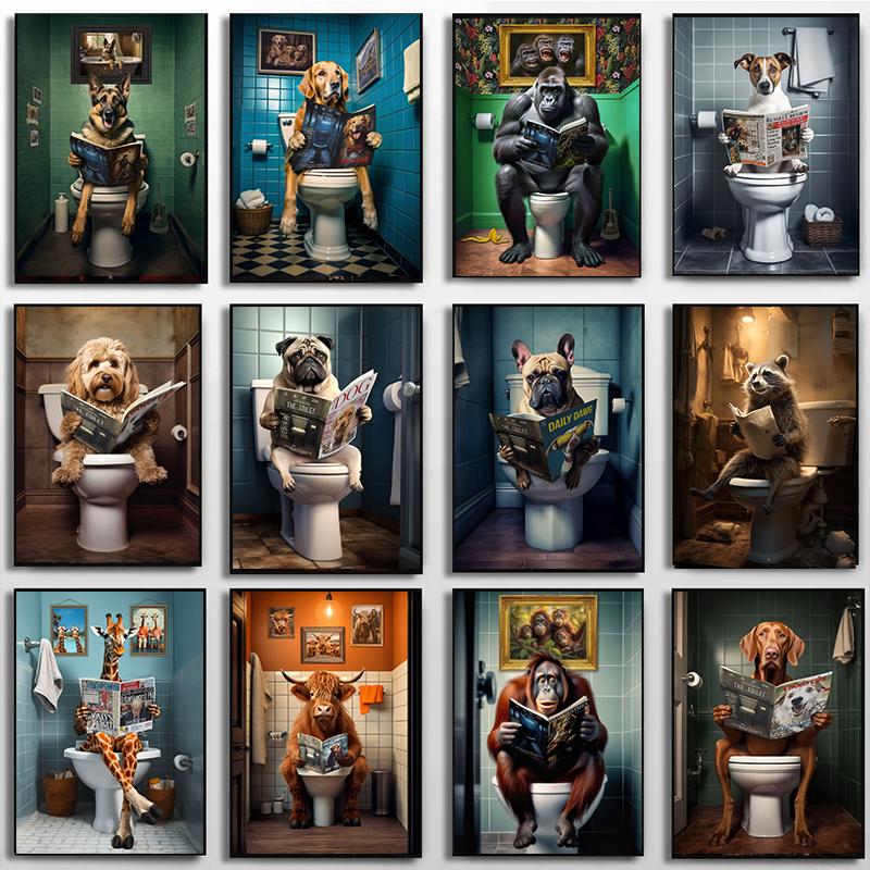 Dog Monkey Highland Cow Sitting on The Toilet Reading Newspaper Poster Animal Print Canvas Painting Funny Bathroom Wall Decor