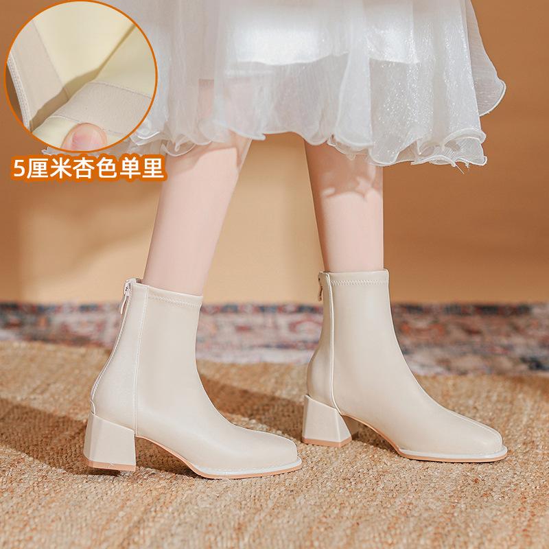 Leather thick heel high heel boots women's autumn and winter velvet new thin boots with skirt white short boots