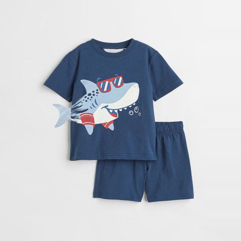 2026 Boys' Summer Outfit Set Dark Blue Shark Boy Summer Pure Cotton Short-Sleeve T-Shirt Children's New Two-Piece Set Trendy 8