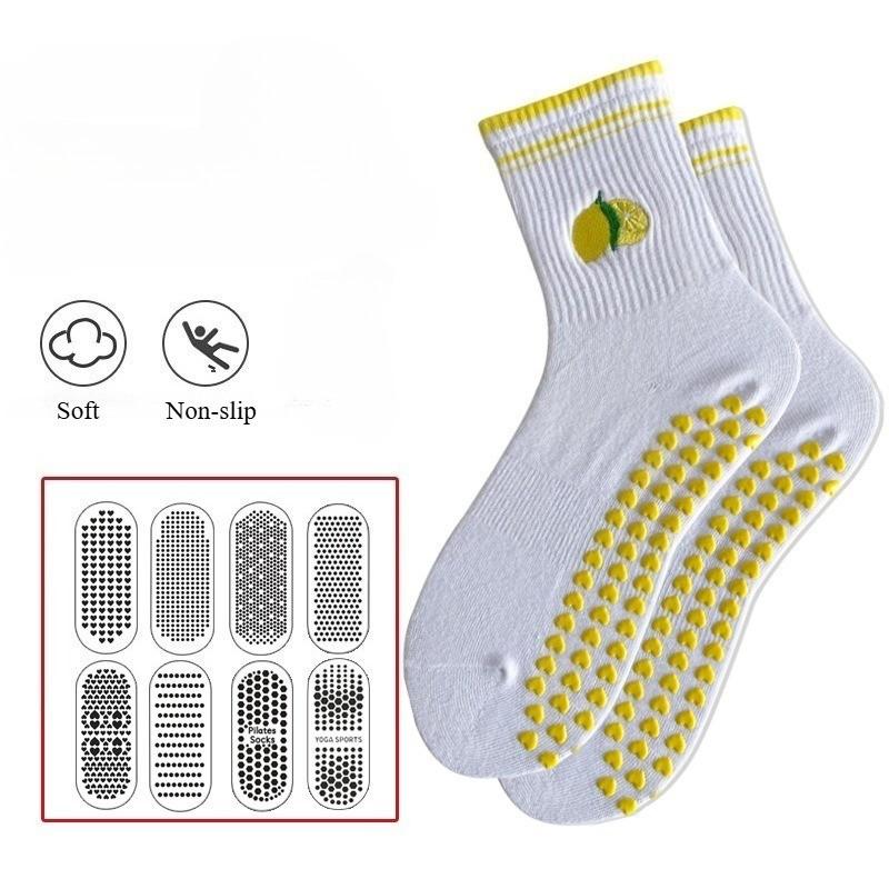 Non-Slip Professional Yoga Pilates Socks Women Fruit Embroidery Mid-Calf Sports Socks Customizable