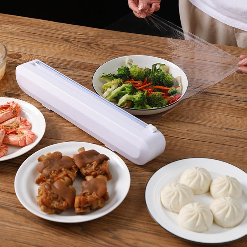 Plastic Wrap Dispenser with Slide Cutter Reusable Food Wrap Cutter Household Cling Film Cutter Refillable Cling Film Dispenser