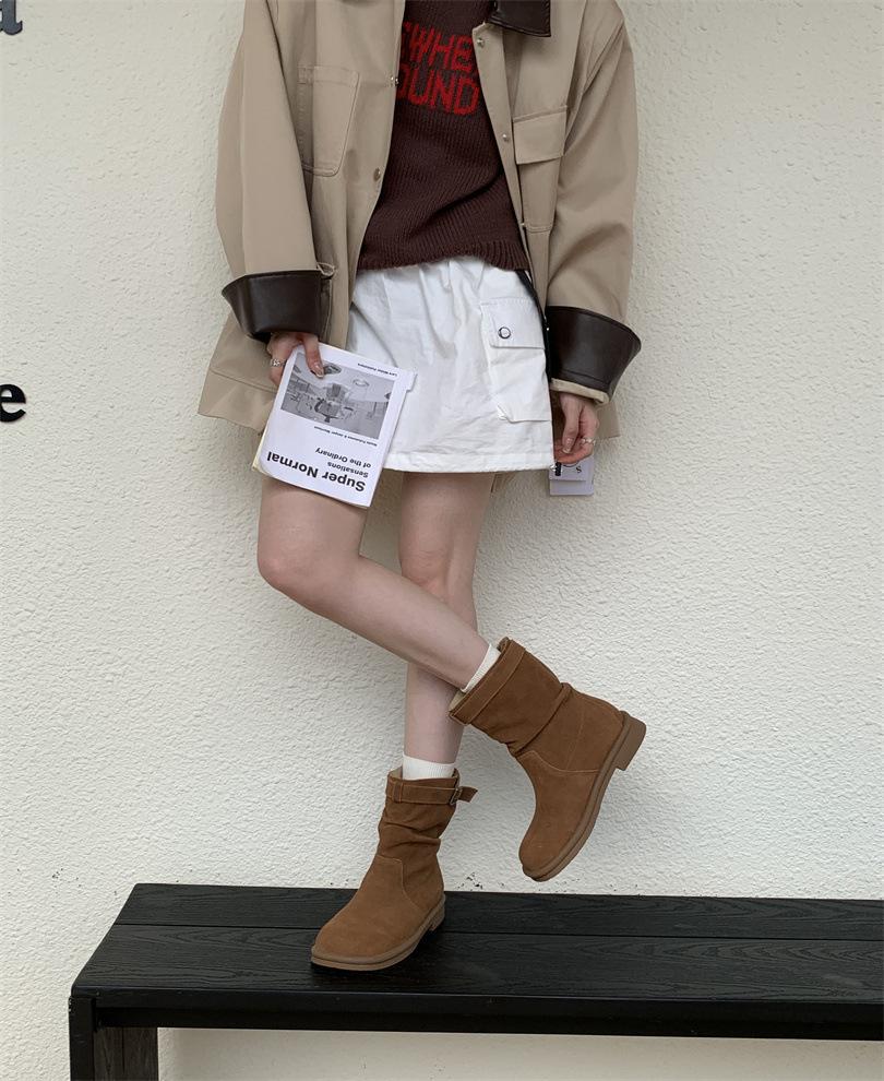 Retro medium boots knight boots women's shoes 2025 new autumn and winter stacked small short boots flat Martin boots