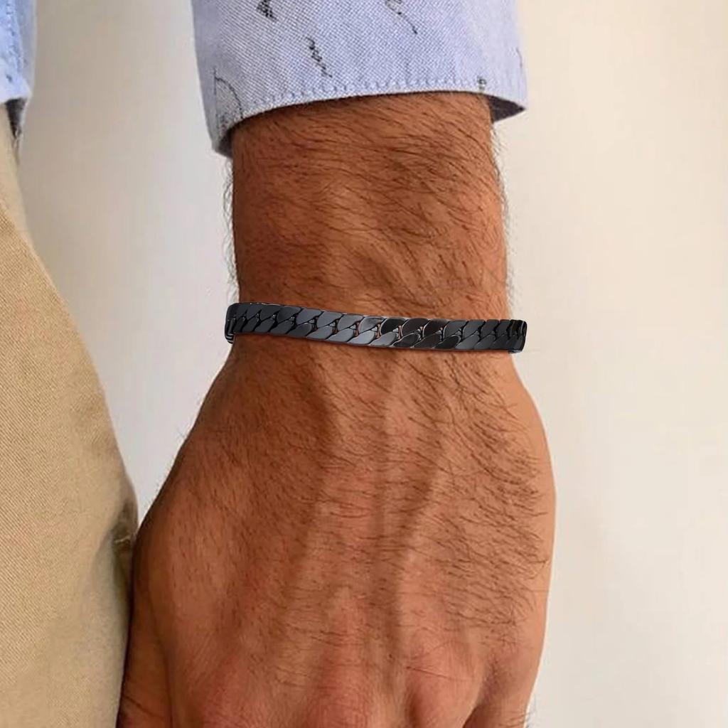 Stainless Steel Gothic Black Cuban Chain Bracelets for Men, Flat Miami Curb Links Wristband, Simple Metal Daily Wearing Jewelry