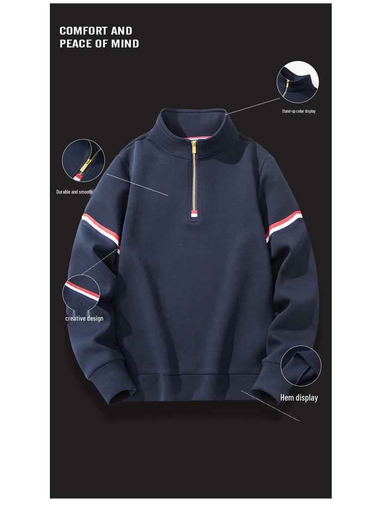 Męska bluza z kapturem w stylu retro, z zamkiem do połowy, z pluszem, gruba, nowość na 2024, luźny krój, kołnierz stojący, idealna na wiosnę, jesień, zimę.
