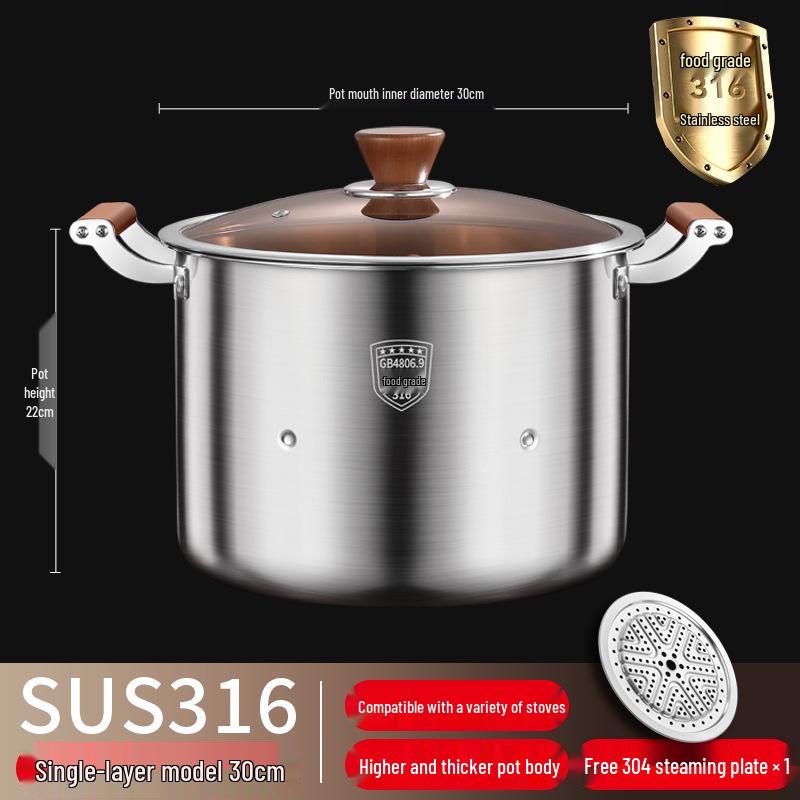 316 Stainless Steel Large Capacity Stock Pot for Stewing, Broiling, and Steaming, Food-Grade and Integrated Molding Design.