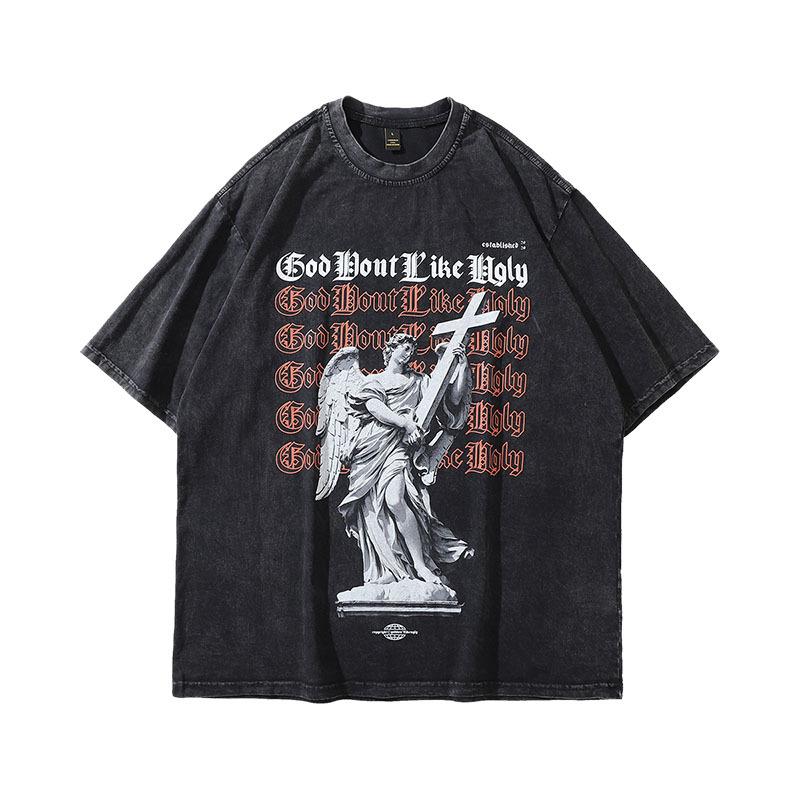 Washed And Old Small Neckline Short-Sleeved T-Shirt Men'S Harajuku Hiphop Retro Pure Cotton Heavy Trendy Brand Half-Sleeved Tee