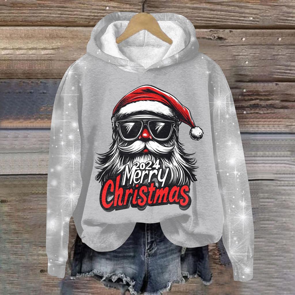 Dammode Pullover Djup Ärm Jul Tryckt Huvtröja