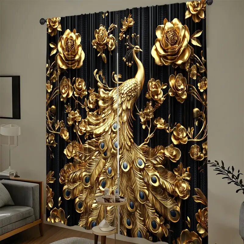 Set Of 2 Elegant Golden Peacock Print Curtains Pole Bag Home Decoration Room Curtain Polyester