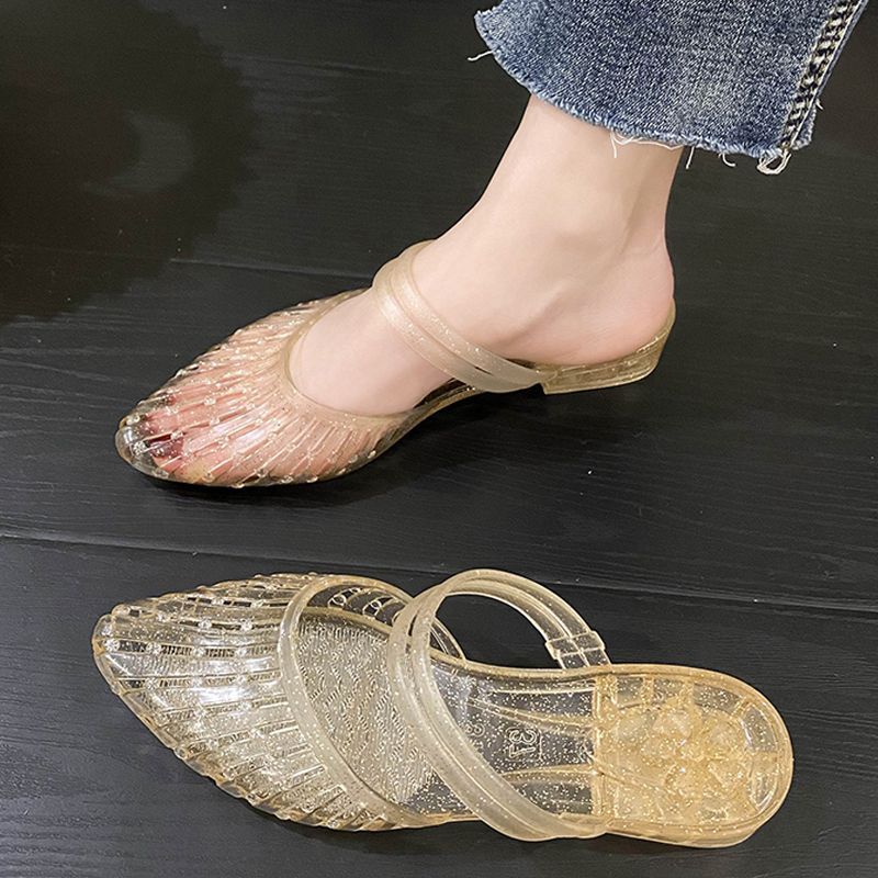 

Модные новые сандалии-желе с острым носком, женские мюли на массивном каблуке, женские блестящие прозрачные шлепанцы с вырезами на низком каблуке, женские сандалии 36 золотистый