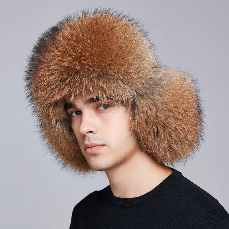 SOMALER Winter Hat for Men Real Fox/raccon Fur Hats Russian Ushanka Earmuff High Quality Bomber Hat