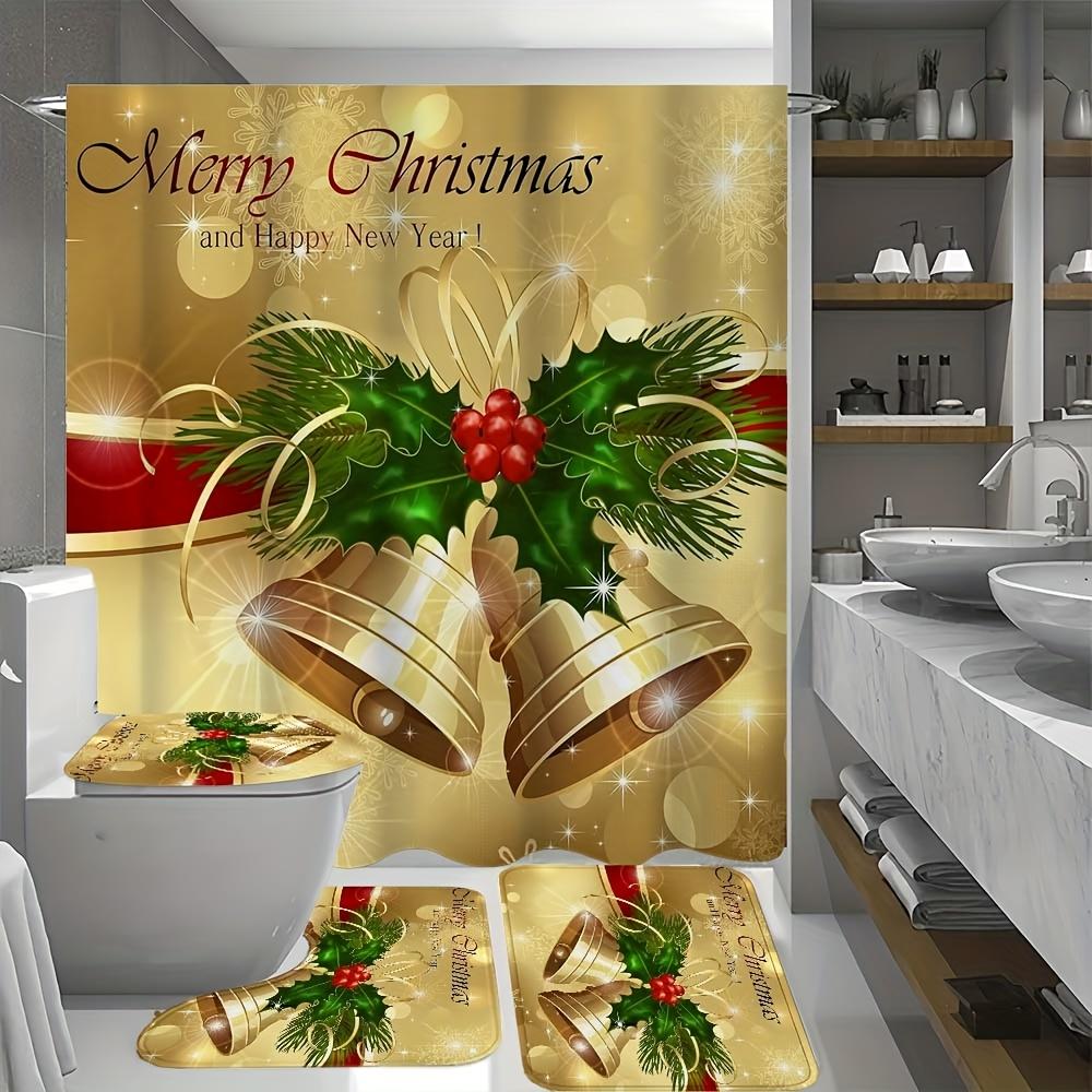 4Pcs Bathroom Shower Curtain Set Golden Christmas Bell Pattern Bathroom Curtain With 12 Hooks Non Slip Rugs Toilet Cover Mat Bathroom Partition