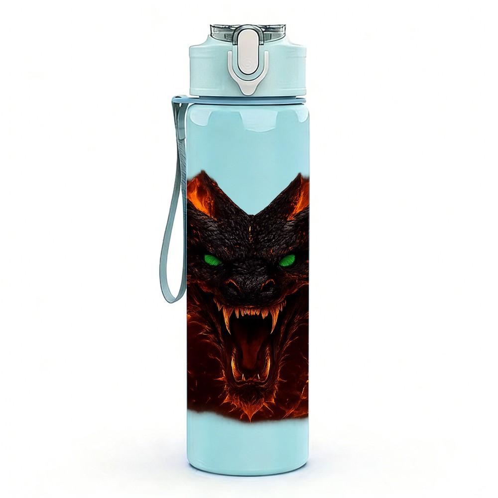 1PC Fiery Red Demon Beast Fantasy Head Print 750ml Color Plastic Sports Water Bottle Leakproof Flip Straw Lid Suitable for Sports Office Home Use
