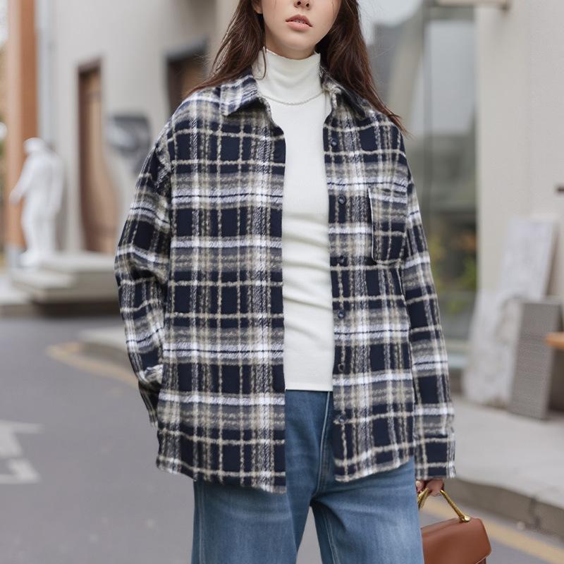Spring and Autumn New Trend American Retro Wool Plaid Shirt Women's Loose Casual Lazy Lapel Long Sleeve Shirt
