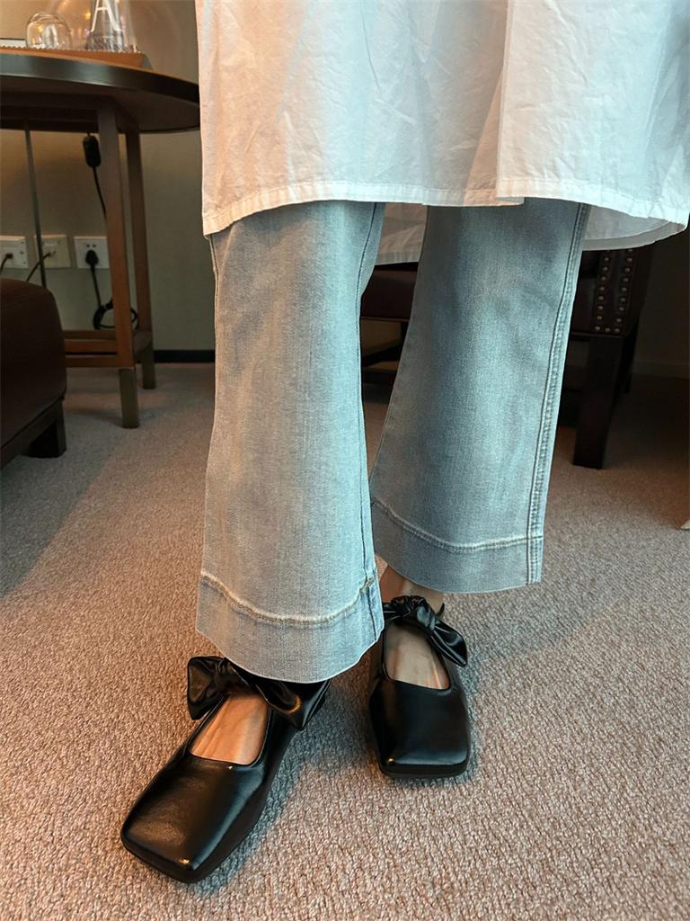 Fashion IPPEUM Women Elegant Leather Mary Jane With Square Toe With Bow Brown Ballet Flats