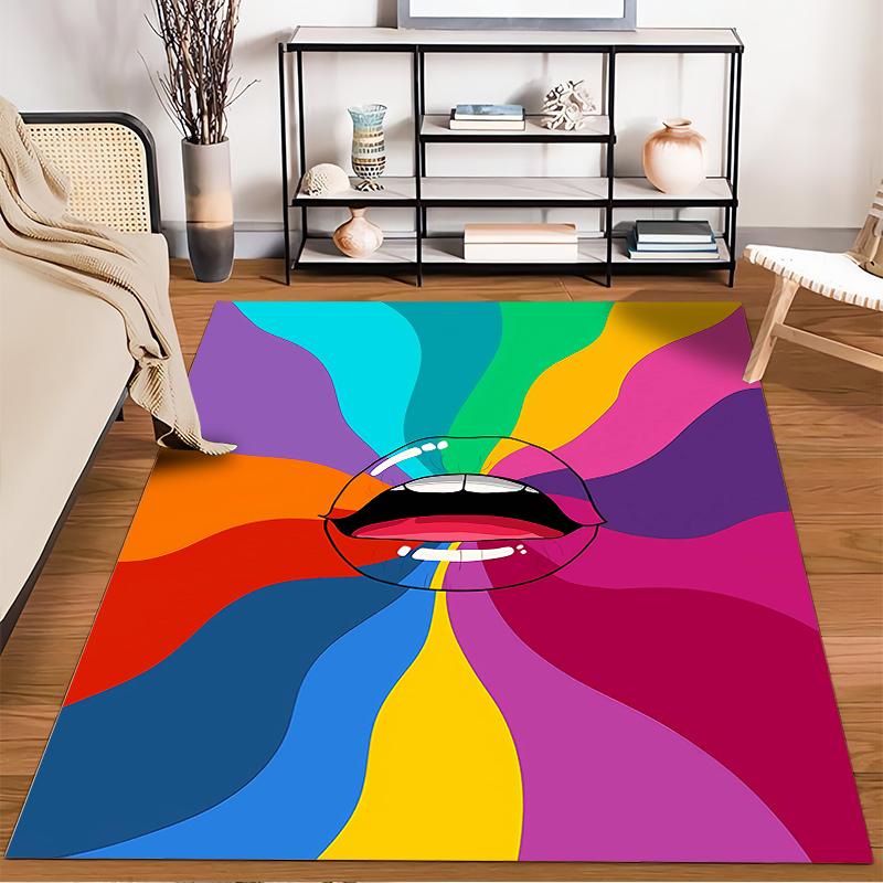 Colorful Abstract Lips Pattern Carpet with Rainbow Wave Design Rug. Suitable for Use As an Anti-slip for Living Room Bedroom Sofas