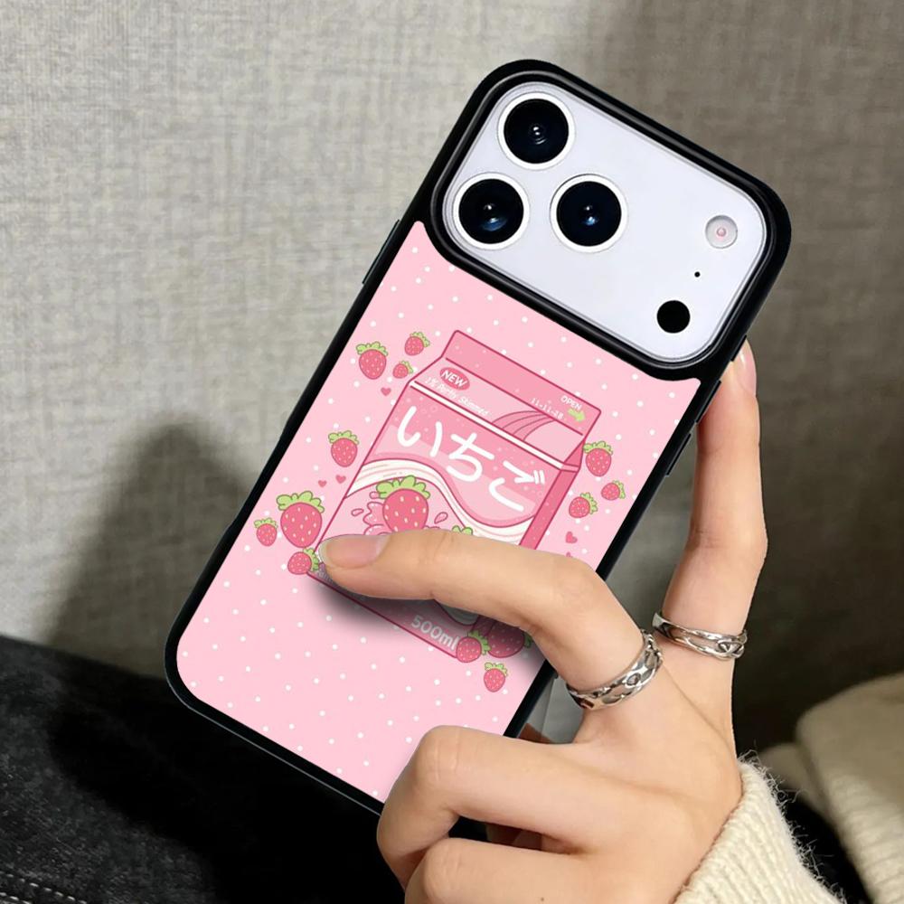 Capa Case for iPhone 17 Air 16 Pro Max 15 Plus 11 13 Mini 14 12 Back Phone Cover Kawaii Strawberry Milk