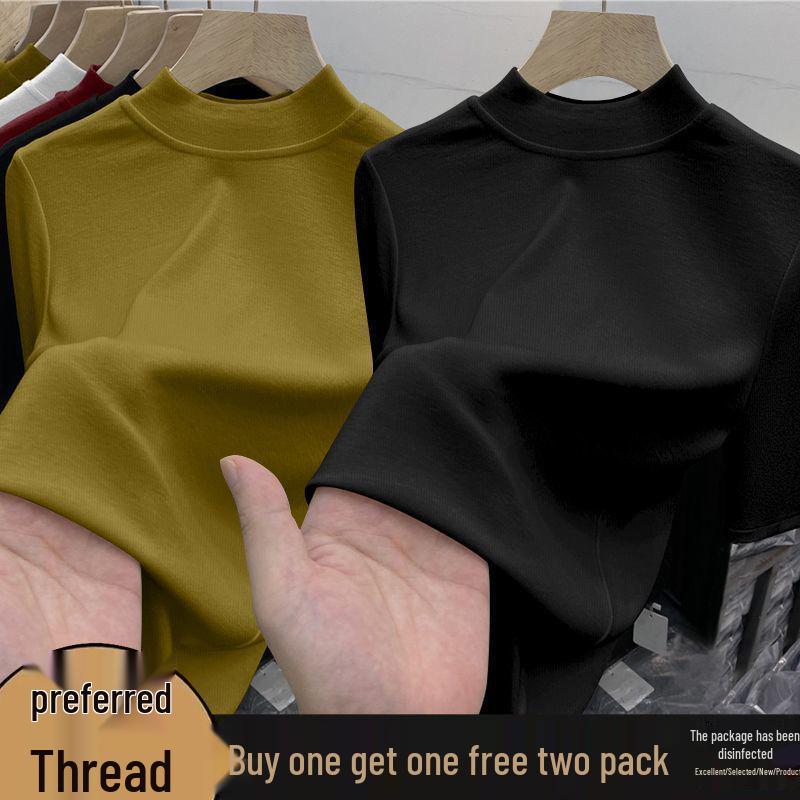 Chic High-Neck Slimming Mid-Sleeve Top (1/2 Piece) - Fashionable Natural Shoulders, Ideal for Spring/Autumn Layering, Body-Conscious Women's T-Shirt