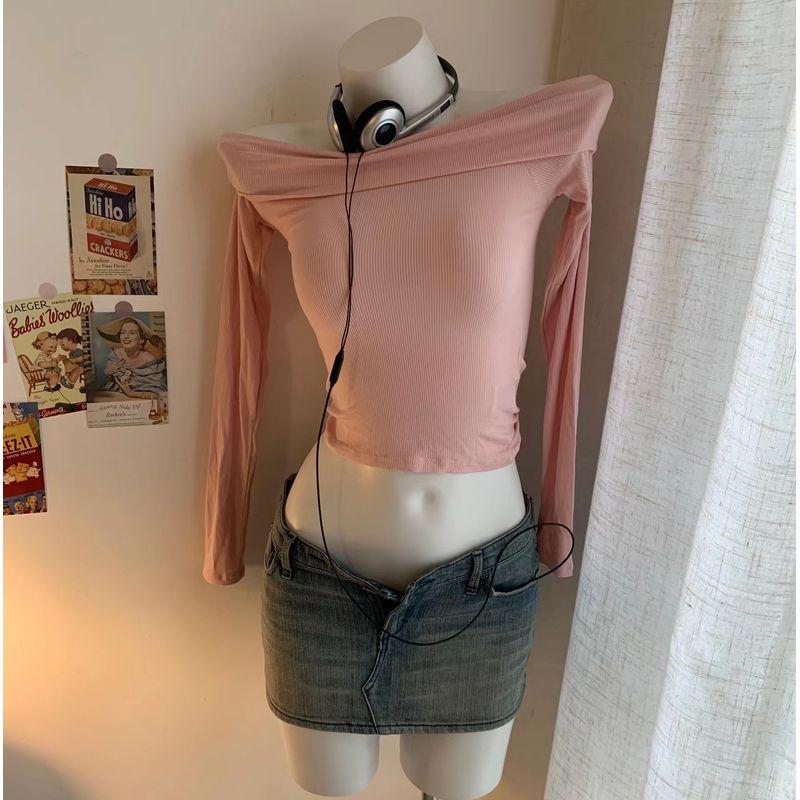 

Aocott * off-Shoulder Pure Color Sexy Slim Fit Long-Sleeved T-shirt Tops Powder XL
