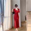 Red Knitted Slimming Dress for Women - New Year's Autumn/Winter Edition