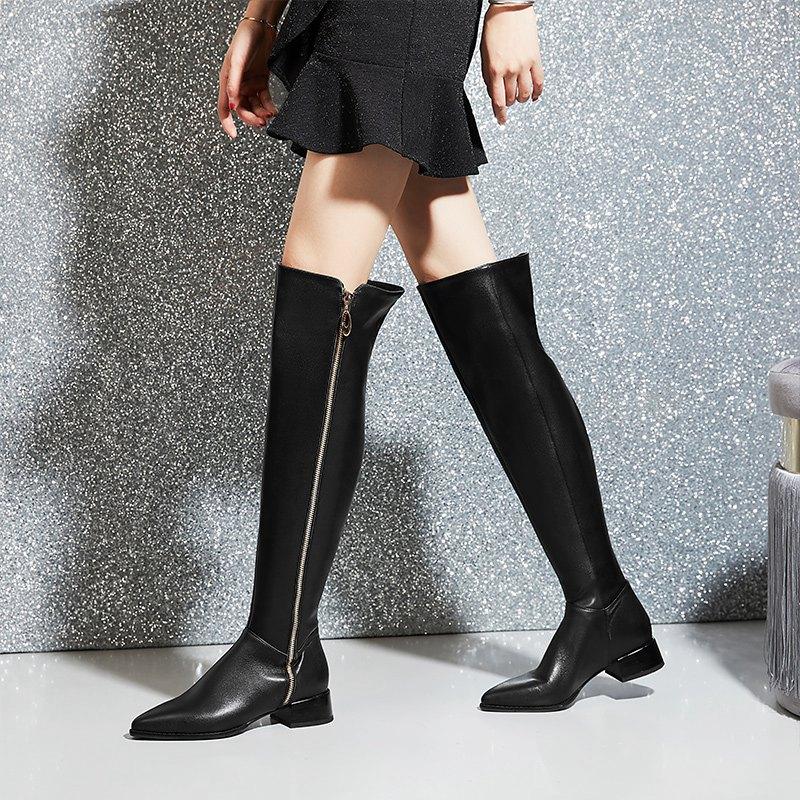 Krazing Pot Cow Skin Autumn Winter Shoes Thick Heels Plus Size 45 Size 44 Women Keep Warm Zipper Decorations Over-the-knee Boots