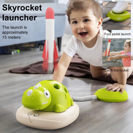 Spinning Dinosaur Jump Toy 3-in-1 Ring Toss Jumping Game with Adjustable Speed Rotating Pole Rocket Launcher Kids Indoor Outdoor Play Sports Toy verde