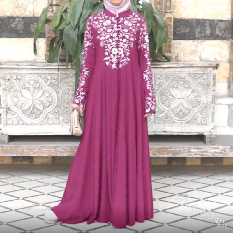 

2025 Ethnic Style Muslim Women s Long Sleeve Stand Collar Printed Swing Skirt - PP1491 XXXXL рожевий червоний колір