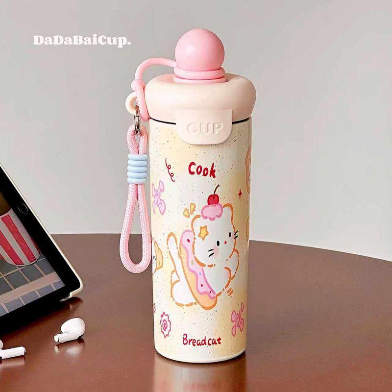 

Large-Capacity Thermos Cup, Cute Girls Straw Water Cup, 2025 New Model, High-Looking Stainless Steel Cartoon Children s Cup Pink and White-Cook Bread Kitten 500ml