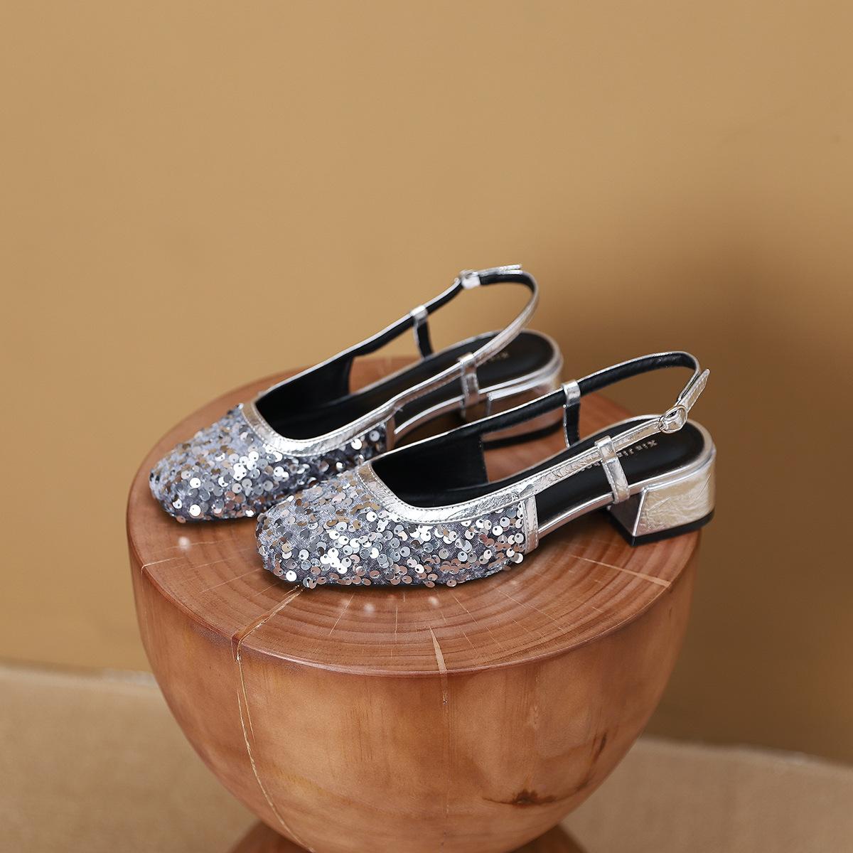 

3368-7 square head sequins silver Mary Jane thick heel new versatile one-word buckle belt temperament light mouth single shoes women 40 серебряный