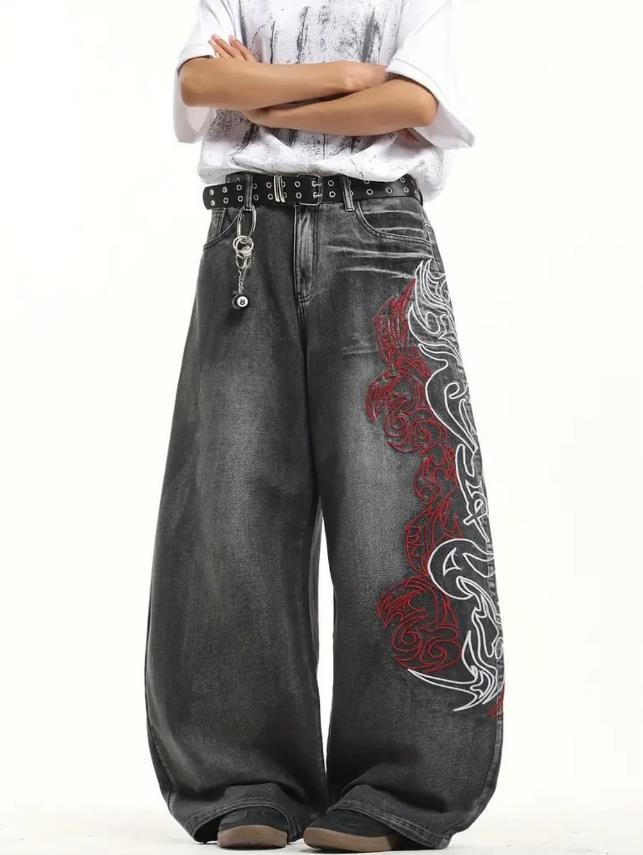 Y2K Embroidery Design Loose Floor-Length Unisex Jeans