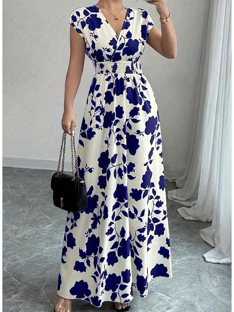 2025 Women's V-Neck Short Sleeve Tie-Up Dress with New Print - Spring/Summer Waist-Cinching Long Dress