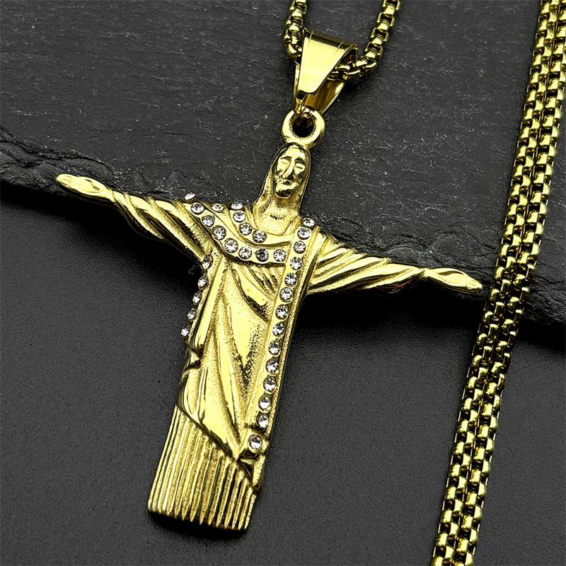 Christian Jesus Statue Rhinestones Pendant Necklace for Women Men Stainless Steel Gold Color Crucifix Chain Amulet Jewelry Gift