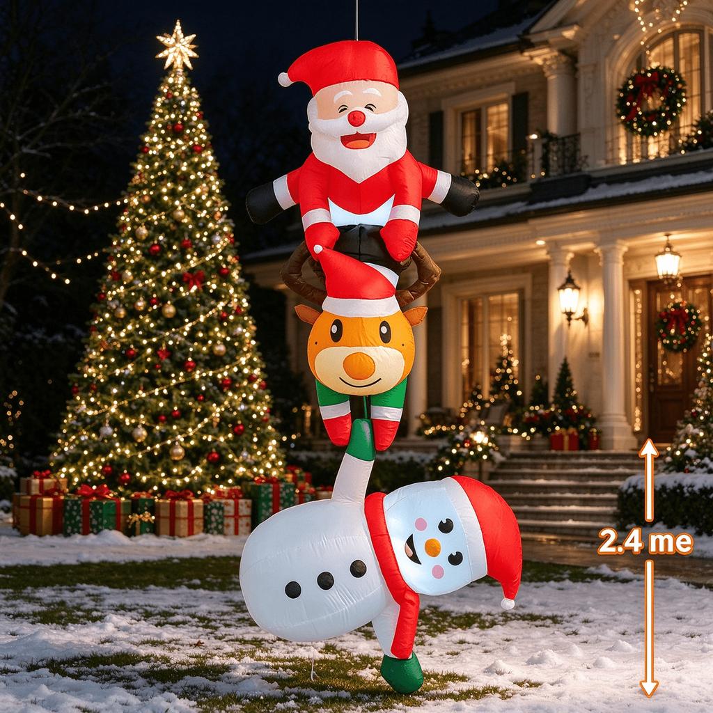 Christmas Inflatable Stacked Santa Reindeer Snowman with LED Lights, 2.4M Hanging Xmas Blow Up Decor for Yard Garden Holiday Party