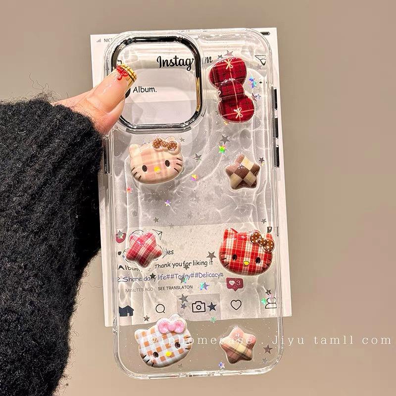 Cartoon Kt Cat Plaid Bow Star Mobile Phone Case For Iphone17Promax Transparent Apple 15 Glitter