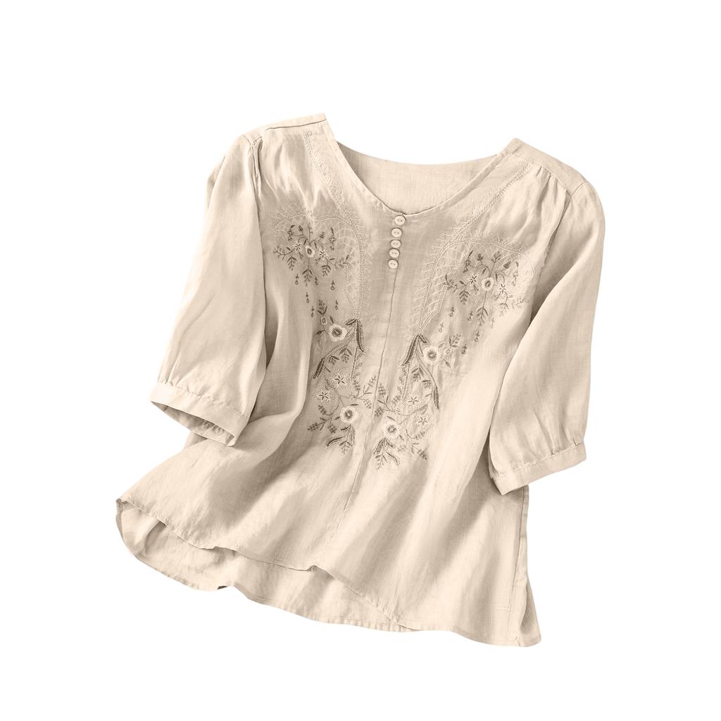 Fashionable Women's Cotton And Linen Short-sleeved Pullover Top With Embroidery, , Loose Fit, Slimming, Versatile Cotton And Linen T-shirt.