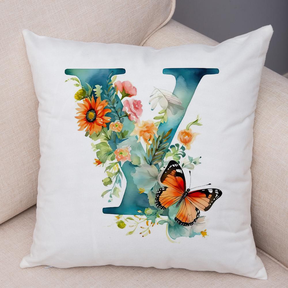 Floral Letter J Pillowcase Double Print Watercolor Letter U Cushion Cover Soft Plush Flower Letter D Pillowcase for Sofa Home