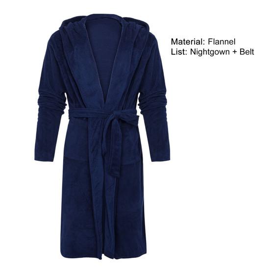 Solid Color Belt Flannel Bath Robe Hooded Pockets Warm Men Nightgown Home Clothes