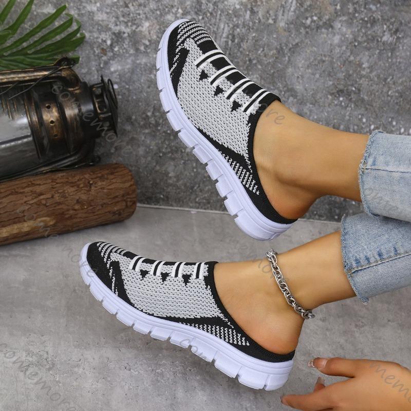 Fashion Comemore Lightweight Round Toe Slippers for Women Mules Flats Soft House Slippers Female Slides Flat Black Casual Mesh Shoes