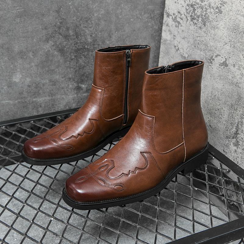 High Quality Casual Leather Boots Men Western Cowboy Leather Shoes Male Fashion Men's High Top British Outdoor Boots Shoes Male