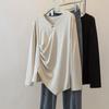 Spring Autumn Irregular V-neck Straight Shoulder Loose Mid-length Loose Casual and Versatile Base Long-sleeved Top for Women
