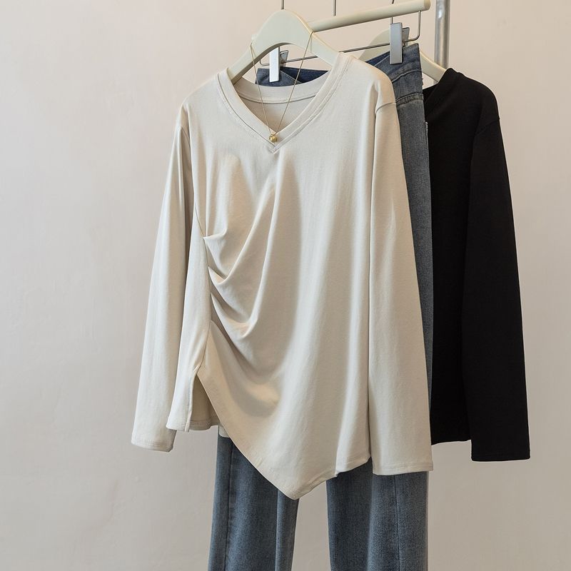 Spring Autumn Irregular V-neck Straight Shoulder Loose Mid-length Loose Casual and Versatile Base Long-sleeved Top for Women