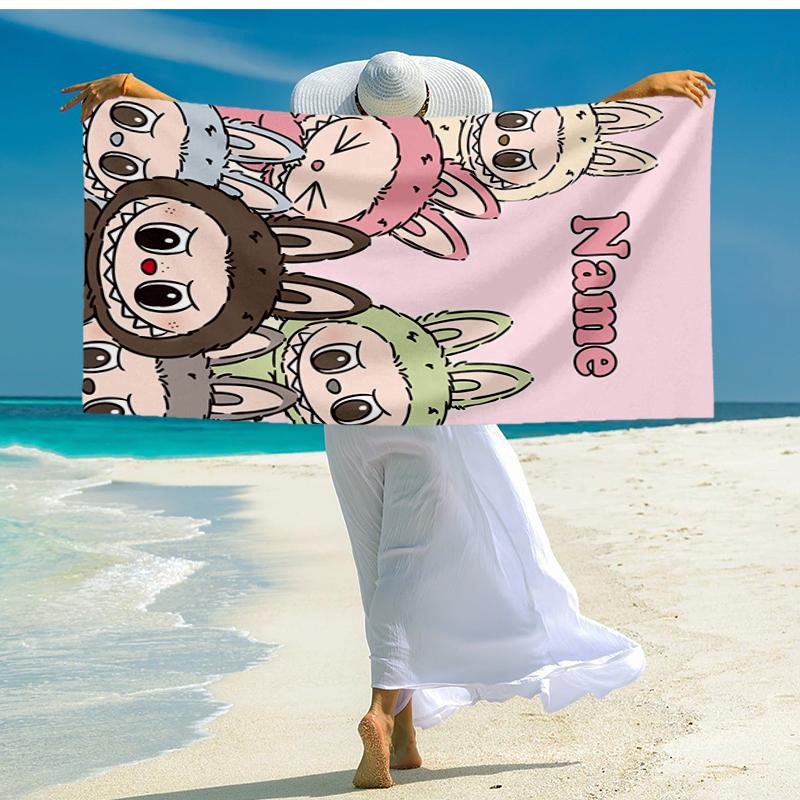 Custom Name Ultra-Soft Beach Towel with Labubu Theme,Ideal for Pool - Camping, Diving - Perfect Travel Essential, Vibrant Beach Towel.