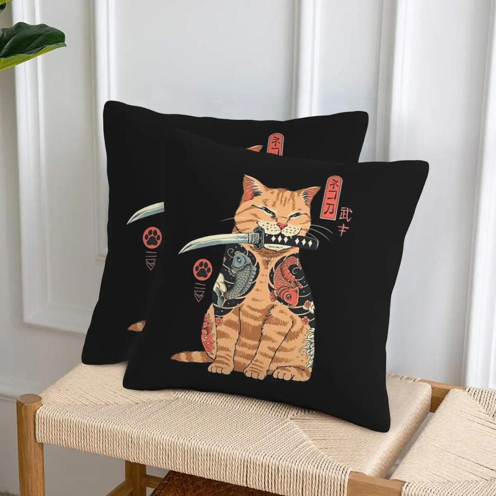 Catana Cats Retro Samurai Yakuza Holder 2 Pcs Square Pillowcase Pillow Cover Cushion Throw Pillow For Home Sofa
