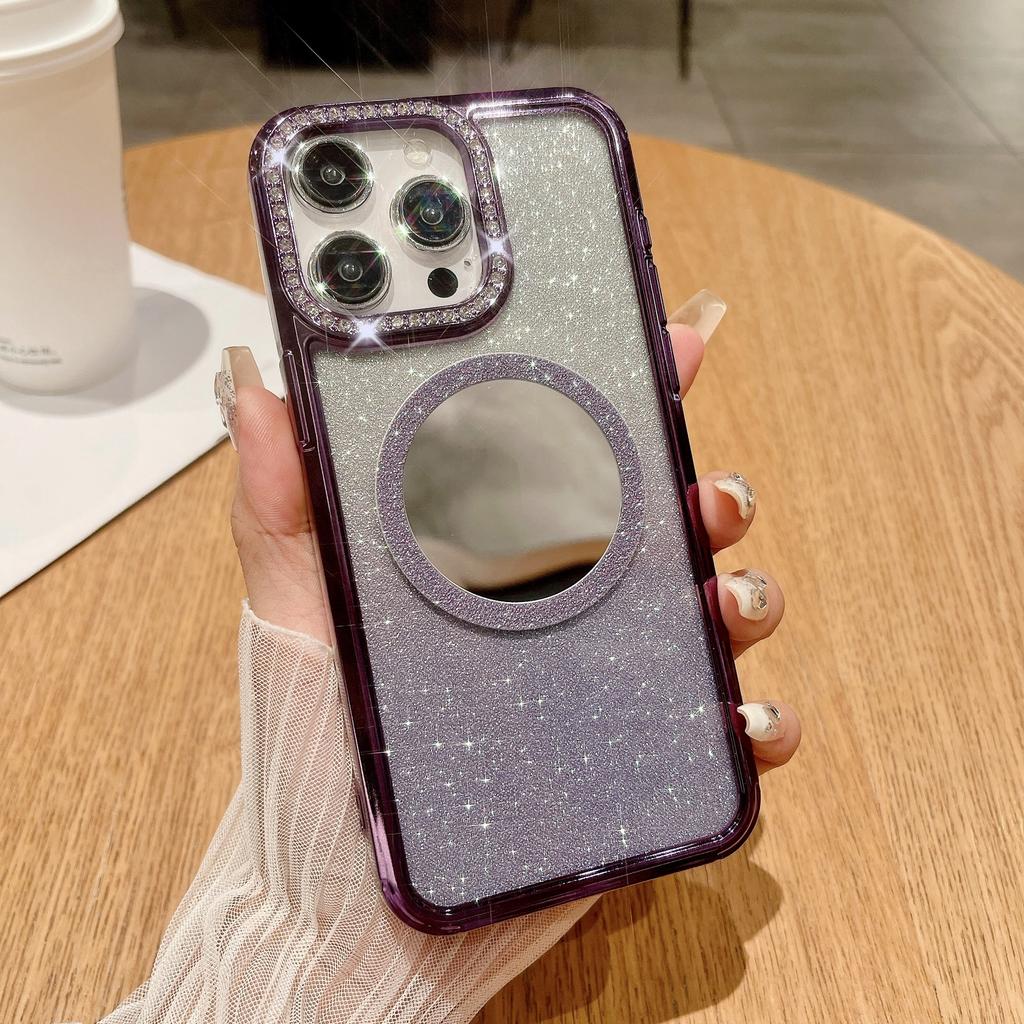 Luxurious Water Diamond Is Suitable for IPhone15 Phone Cases, Apple 14Promax Mirror Magnetic Attraction 13 Gradient Glitter Hard Case