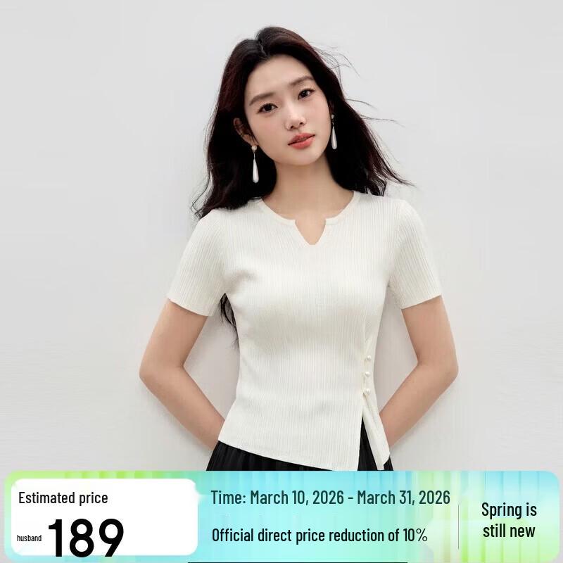 Autumn Water Yi Ren Basic V-Neck Short Sleeve Knit Top with Slit Hem XL