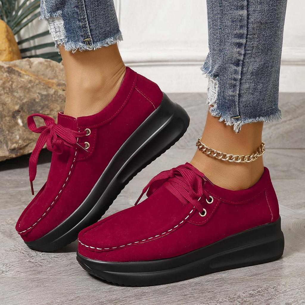 Fashion Suede Leather Platform Loafer Thick Sole Wedge Casual Chunky Shoes Women Trend 2024 Lace-up Womens Comfortable Walking Shoes