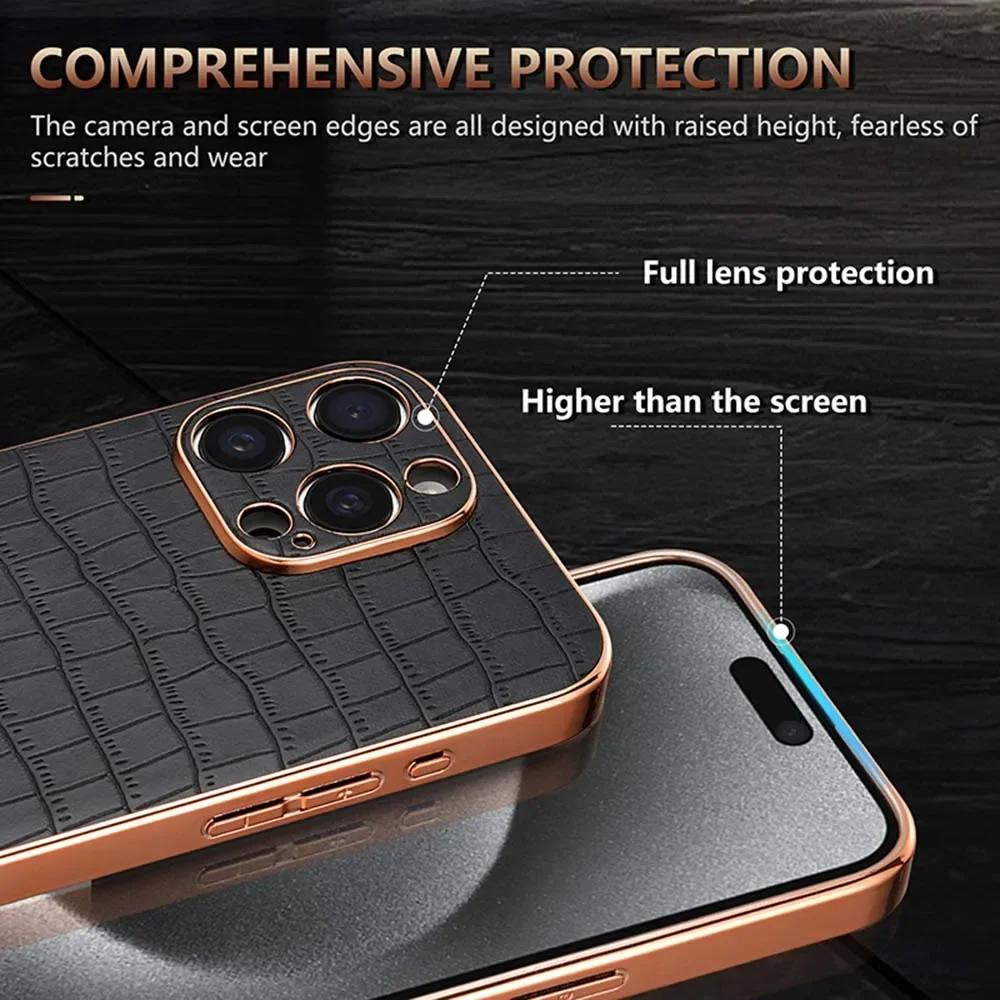 Alligator Style PU Leather Phone Case For iPhone 17 Air 15 16 14 13 12 11 Pro Max Plus Camera Protect Plating Shockproof Cover