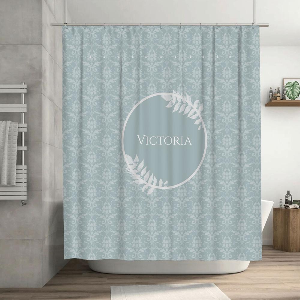 Soft Damask Shower Curtain with Personalized Name and Elegant White Floral Design Modern Bathroom Decor for Kids and Adults (Blu