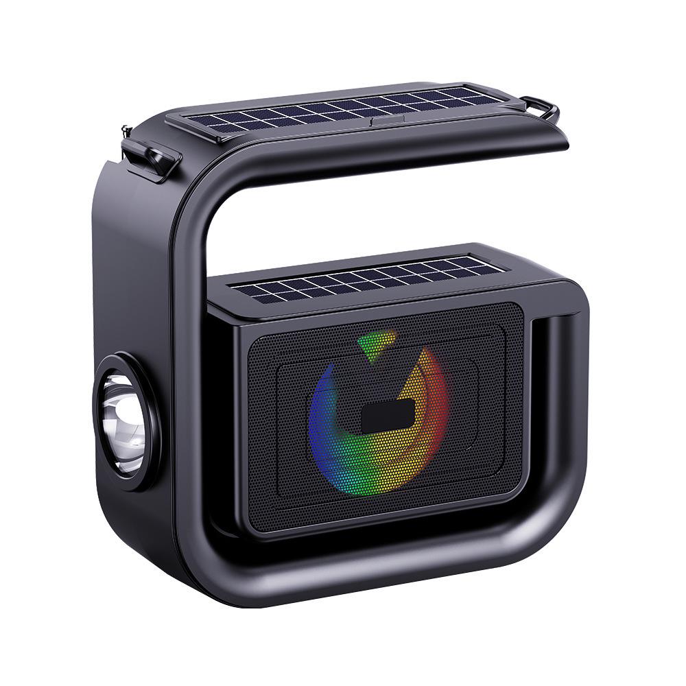 Solar-Powered Bluetooth Speaker with Bass, Flashlight, and Phone Holder for Outdoor Use
